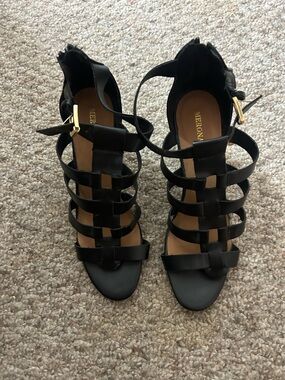Merona Black Multi-Strap Gladiator Heels with Gold Buckle